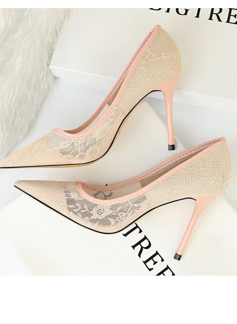 BIGTREE Women's Elegant Lace Stiletto Pumps 9CM Elegant Gorgeous Closed Pointed Toe Slip On Solid High Heels Pale Pink - Image 3