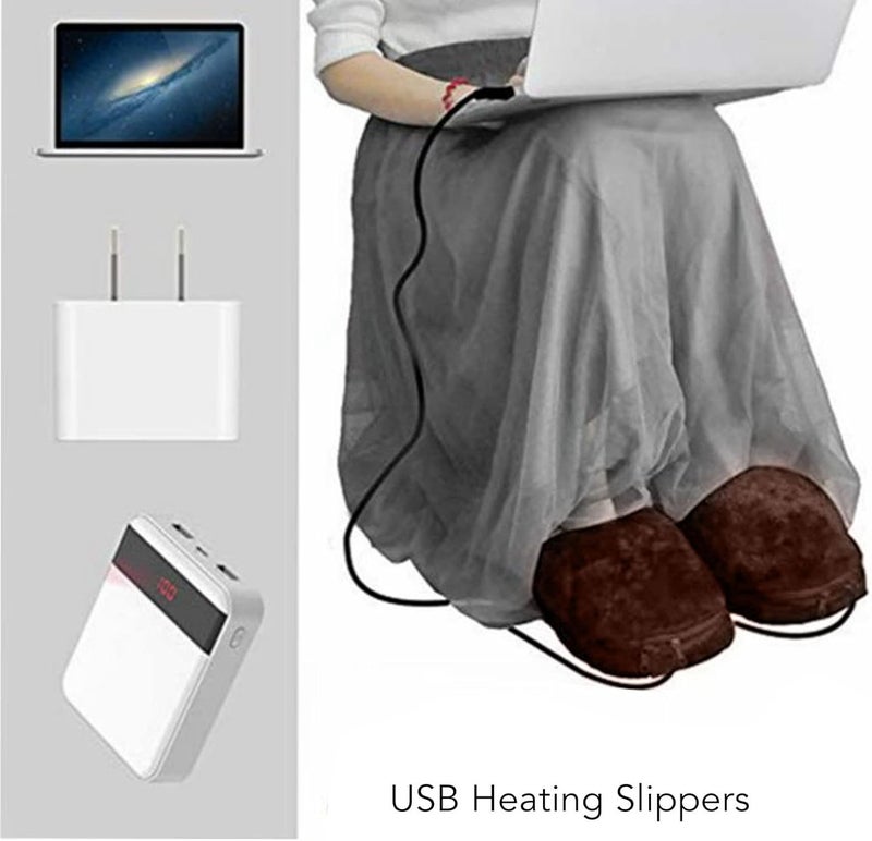 klarako 1 Pair Electric Heating Slippers, USB Soft Plush Shoe Foot Warmer with Removable Zipper, Non Slip Sole, Cold Weather Rechargeable Portable Electric Heated Slippers for Women Men (Brown) - Image 2