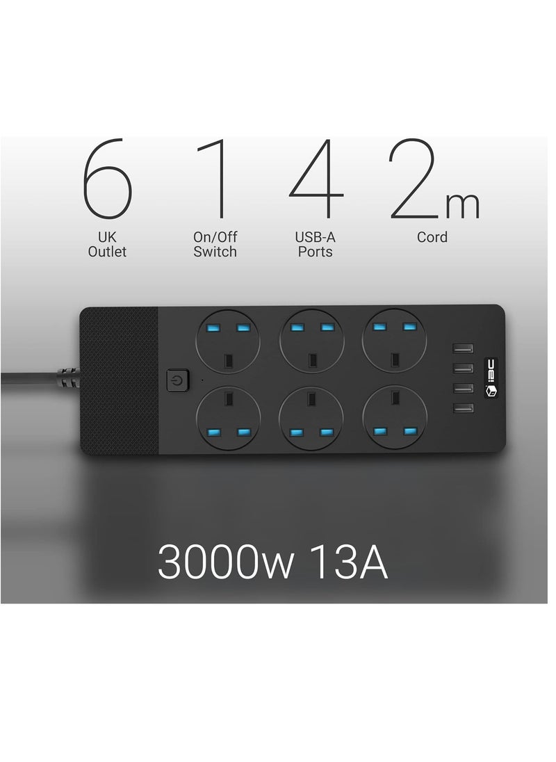Excefore - Extension Lead 2M/6.5FT, with 4 (2.1A) USB Slots, 6 Gang Electrical Sockets & Built-in Fuse, Surge & Shutter Protected Wall Mount Extension Cable, Black - Image 1