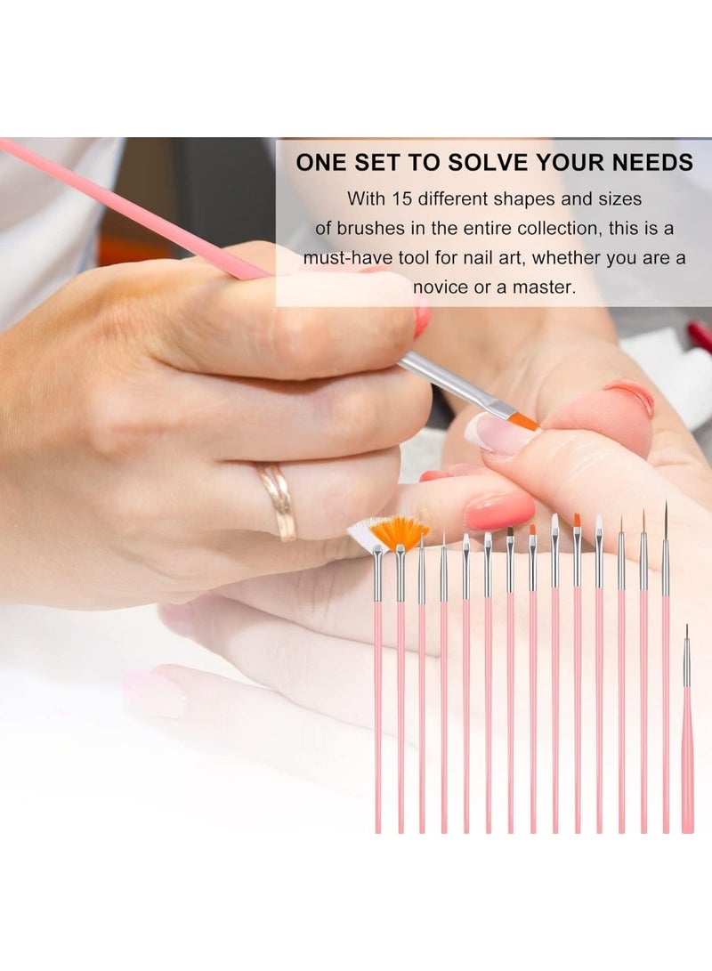 15 Pieces Nail Brushes Gel Reconstruction Brush Acrylic Nail Art Design Painting Tool Set Dotting Pen (PINK)