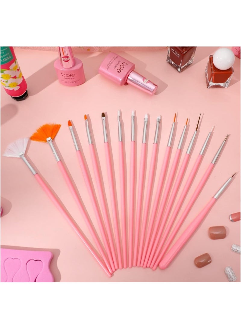 15 Pieces Nail Brushes Gel Reconstruction Brush Acrylic Nail Art Design Painting Tool Set Dotting Pen (PINK)