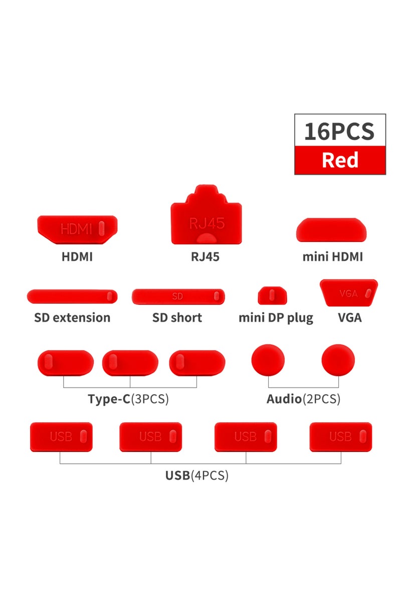 16 قطعة من سدادات الغبار الحمراء لأجهزة الكمبيوتر المحمولة، غطاء حماية من الغبار لمنفذ USB من النوع C ومنفذ HDMI، سدادة مانعة للغبار لأجهزة الكمبيوتر المحمولة