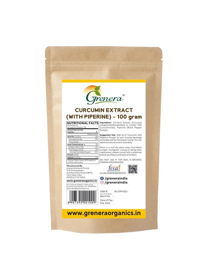 Grenera Curcumin Extract with Piperine Extract (Superior Turmeric, Black Pepper Extract) Immune & Joint Support, Maximum Absorption, 100 grams - Image 2