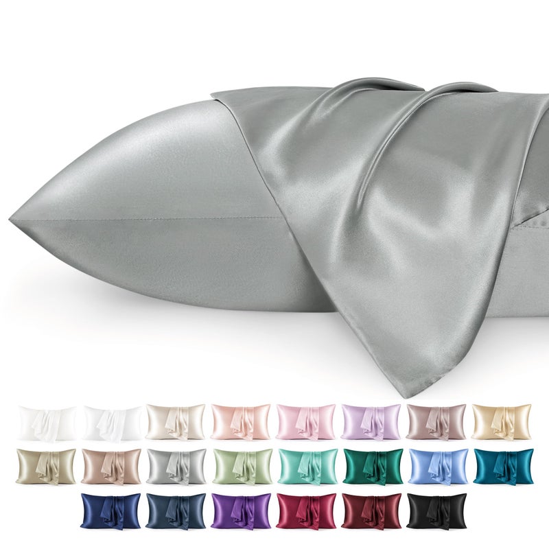 غطاء وسادة ساتين من Bedsure للشعر والبشرة مشابه لغطاء الوسادة الحريري، وسادات تبريد 2 عبوة مع إغلاق ظرف، هدايا للنساء، حجم كوين قياسي 50x75 سم رمادي