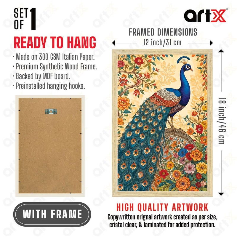 ArtX لوحة طاووس فاستو من ArtX على ورق فاستو مع إطار لتزيين المنزل، لوحة مدهوباني لغرفة المعيشة 120 × 180 بوصة مجموعة من 1 - Image 3