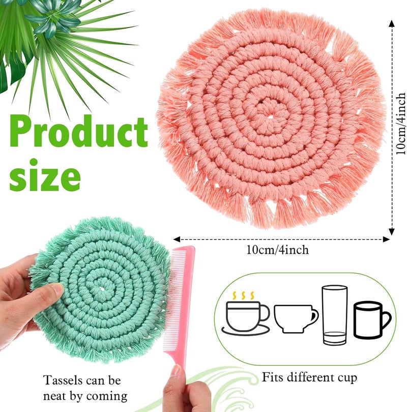FoldTier 6 Pcs Coasters for Drinks Absorbent Boho Cotton Woven Coaster Farmhouse Tassel Macrame Coaster with Holder Housewarming Gift for Kitchen Office Coffee Table Decor 4 inPastel - Image 2