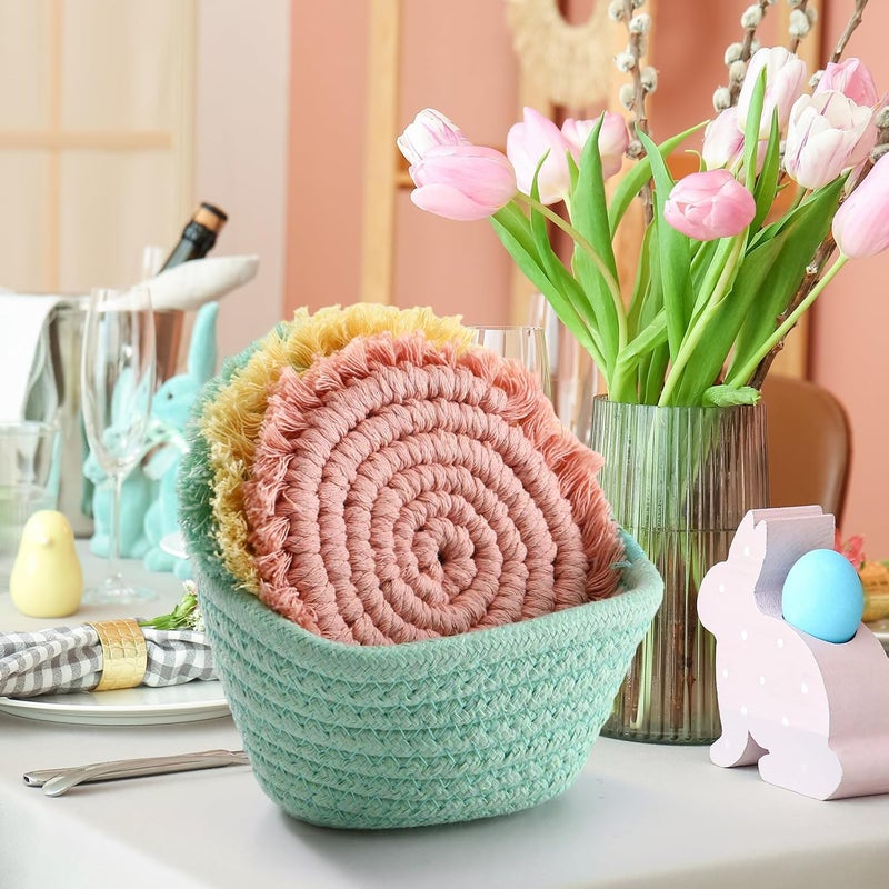 FoldTier 6 Pcs Coasters for Drinks Absorbent Boho Cotton Woven Coaster Farmhouse Tassel Macrame Coaster with Holder Housewarming Gift for Kitchen Office Coffee Table Decor 4 inPastel - Image 5