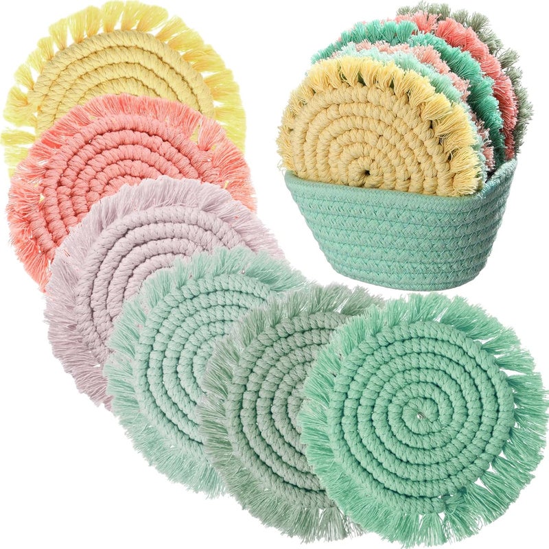 FoldTier 6 Pcs Coasters for Drinks Absorbent Boho Cotton Woven Coaster Farmhouse Tassel Macrame Coaster with Holder Housewarming Gift for Kitchen Office Coffee Table Decor 4 inPastel - Image 1
