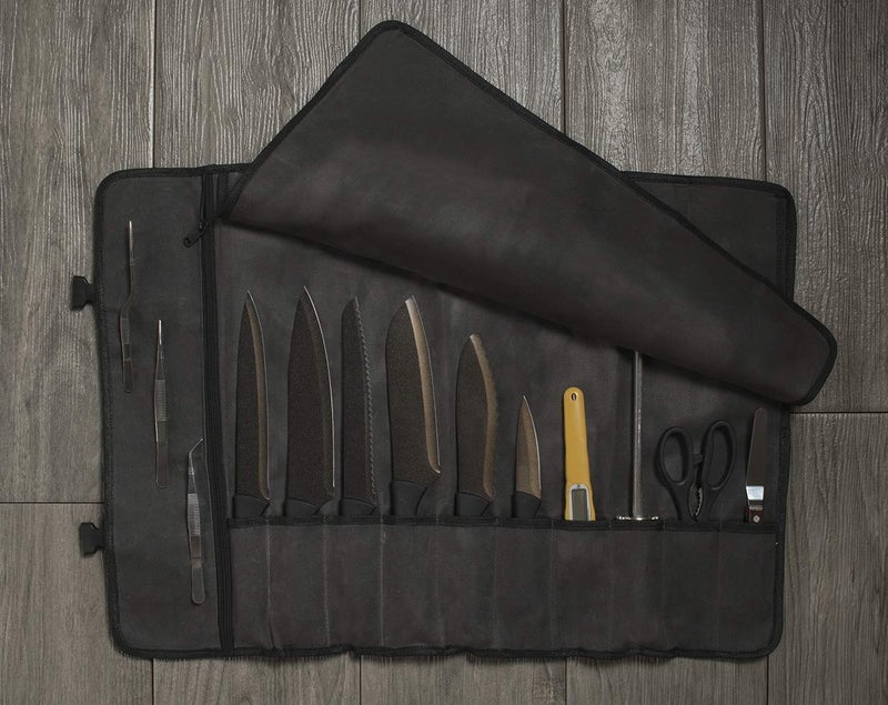 Asaya Canvas Chef Knife Roll Bag - 10 Knife Slots and a Large Zipper Pocket - Durable 10oz Canvas Knife Case with an Adjustable Shoulder Strap - Knives not Included - Image 2