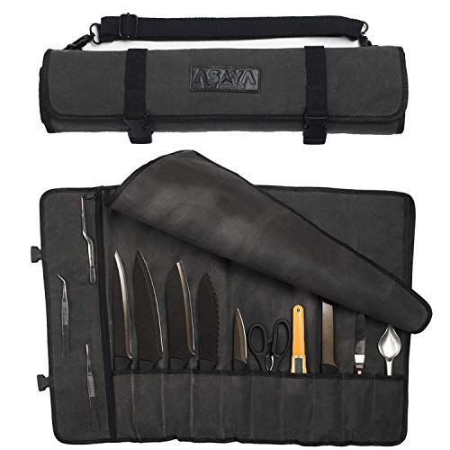 Asaya Canvas Chef Knife Roll Bag - 10 Knife Slots and a Large Zipper Pocket - Durable 10oz Canvas Knife Case with an Adjustable Shoulder Strap - Knives not Included - Image 1