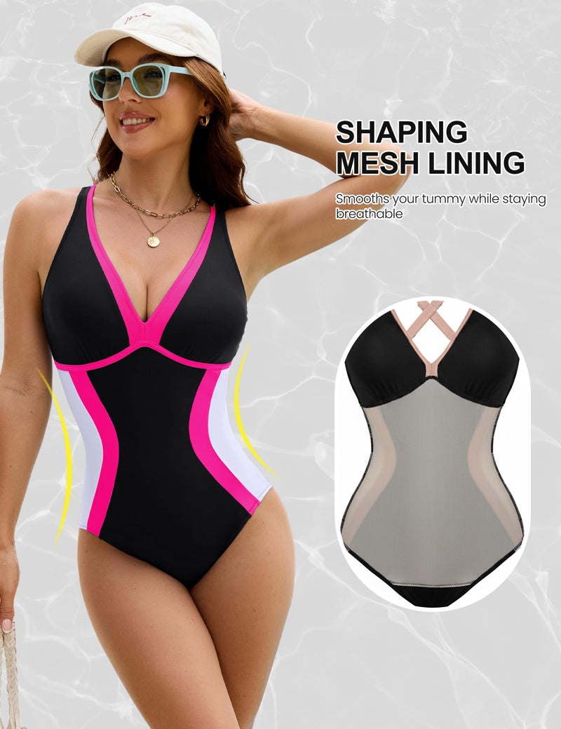 BMJL Swim Suits for Women 2025 Slimmng One Piece Tummy Control Bathing Suit Color Block Swimwear(XL,Black2) - Image 4