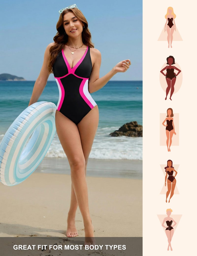 BMJL Swim Suits for Women 2025 Slimmng One Piece Tummy Control Bathing Suit Color Block Swimwear(XL,Black2) - Image 5
