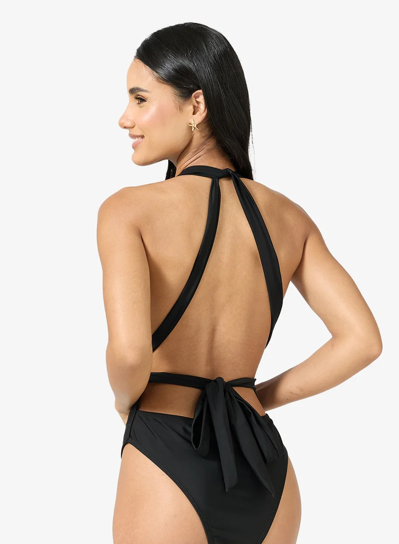 Ginger Plunge Neck Tie Up Detail Swimsuit