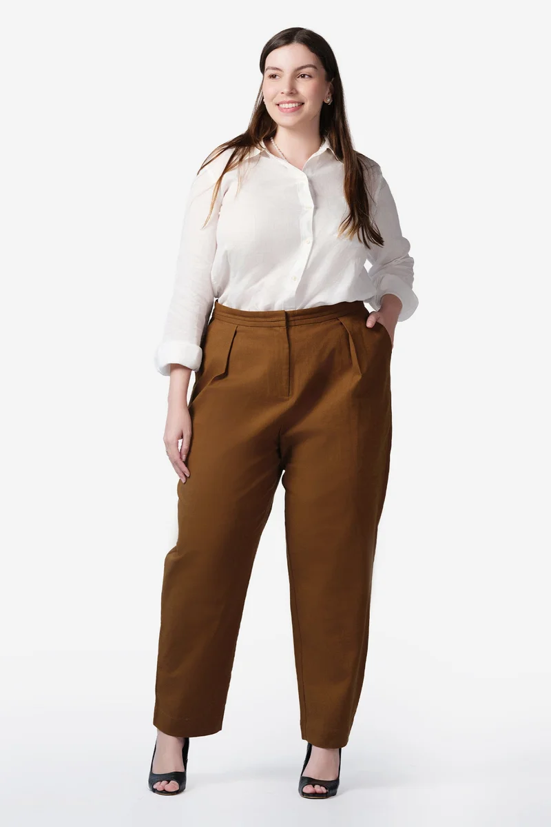 فيرجيو Solid Cotton Pleated Plus Size Trousers for Women