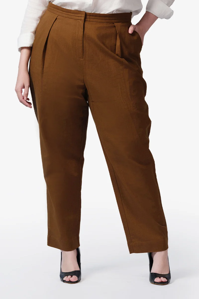 فيرجيو Solid Cotton Pleated Plus Size Trousers for Women