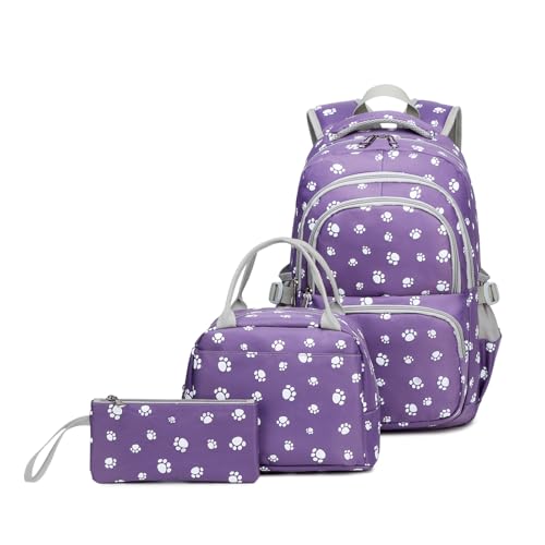 goldwheat 3Pcs Dog Paw Printed Backpack Set With Lunch-Bag For Girls Elementary Students Bookbag School-bag - Image 1
