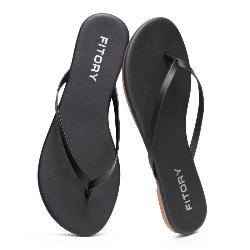 FITORY Womenâ€™s Flip Flops, Fashion Casual Thong Walking Slide with Vegan Leather, Comfortable Summer Beach Flat Sandals for 2026 Indoor and Outdoor Black Size 6 - Image 1