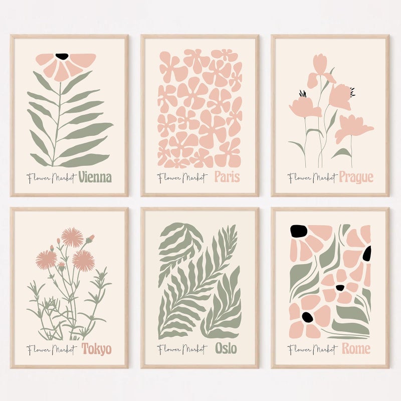 Baccone Boho Botanical Wall Art Prints Blush Pink Canvas Wall Decor Flower Market Wall Art Poster Abstract Aesthetic Pictures Pink Floral Artwork for Room Bedroom Set of 6 12x16 Inch Unframed - Image 1