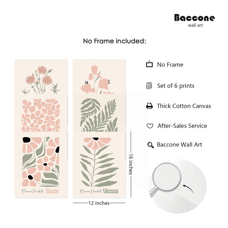 Baccone Boho Botanical Wall Art Prints Blush Pink Canvas Wall Decor Flower Market Wall Art Poster Abstract Aesthetic Pictures Pink Floral Artwork for Room Bedroom Set of 6 12x16 Inch Unframed - Image 2