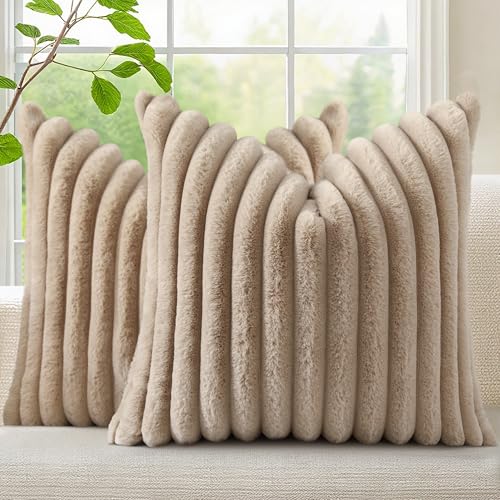 decorUhome Cozy Faux Fur Throw Pillow Covers 18x18 Set of 2 Decorative Soft Plush Striped Modern Farmhouse Boho Couch Pillow Cases with Velvet Back for Sofa Bed Living Room Khaki Brown - Image 1