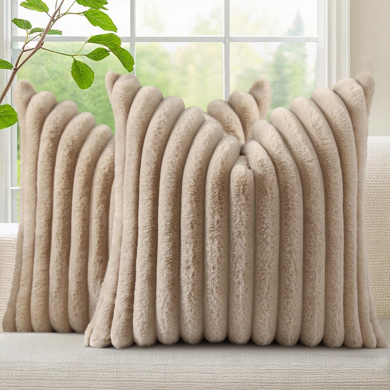 decorUhome Cozy Faux Fur Throw Pillow Covers 18x18 Set of 2 Decorative Soft Plush Striped Modern Farmhouse Boho Couch Pillow Cases with Velvet Back for Sofa Bed Living Room Khaki Brown - Image 2