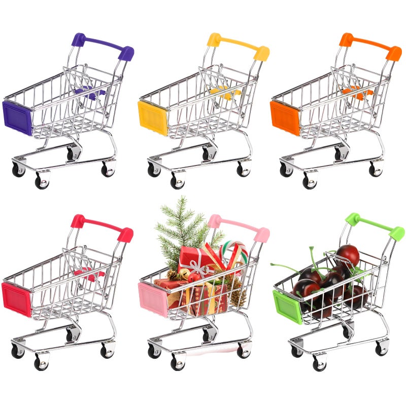 Dicunoy 6 PCS Mini Shopping Cart, Mini Supermarket Shopping Grocery Handcart, Small Decorative Ornaments Metal Shopping Utility Cart Mode on Wheels for Holder Desk Accessories - Image 1