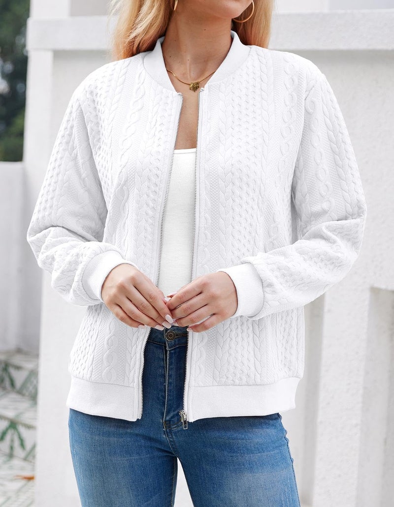 WROLEM Women's Zip Up Cardigan Sweater Cable Hoodies Long Sleeve Jacket Outfits Crewneck Casual Coat White - Image 2