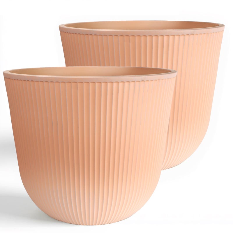 Worth Garden Round Large Planter Pot Set of 2, 17.5" Dia x 15.5" H - Durable Plastic Terracotta Plant Tree Pots with Vertical Stripe Textured Finish, Drainage Hole for Indoor Outdoor Front Porch Patio - Image 1