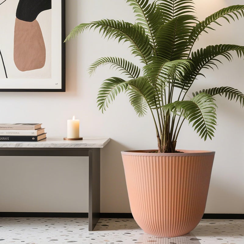 Worth Garden Round Large Planter Pot Set of 2, 17.5" Dia x 15.5" H - Durable Plastic Terracotta Plant Tree Pots with Vertical Stripe Textured Finish, Drainage Hole for Indoor Outdoor Front Porch Patio - Image 3