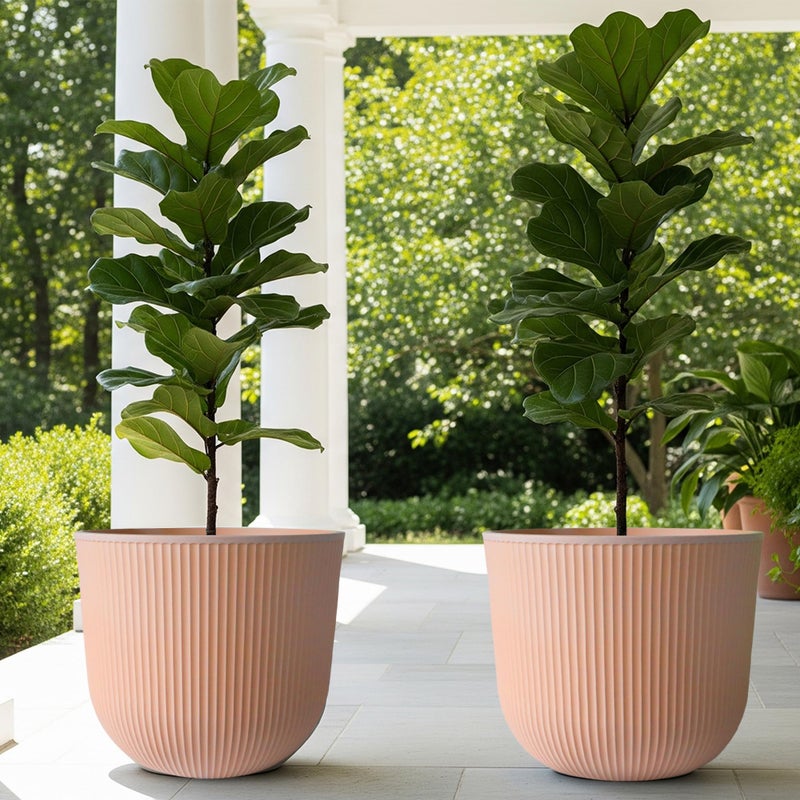 Worth Garden Round Large Planter Pot Set of 2, 17.5" Dia x 15.5" H - Durable Plastic Terracotta Plant Tree Pots with Vertical Stripe Textured Finish, Drainage Hole for Indoor Outdoor Front Porch Patio - Image 2