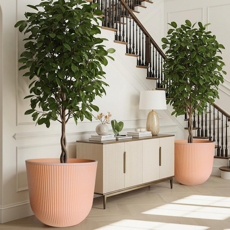 Worth Garden Round Large Planter Pot Set of 2, 17.5" Dia x 15.5" H - Durable Plastic Terracotta Plant Tree Pots with Vertical Stripe Textured Finish, Drainage Hole for Indoor Outdoor Front Porch Patio - Image 4