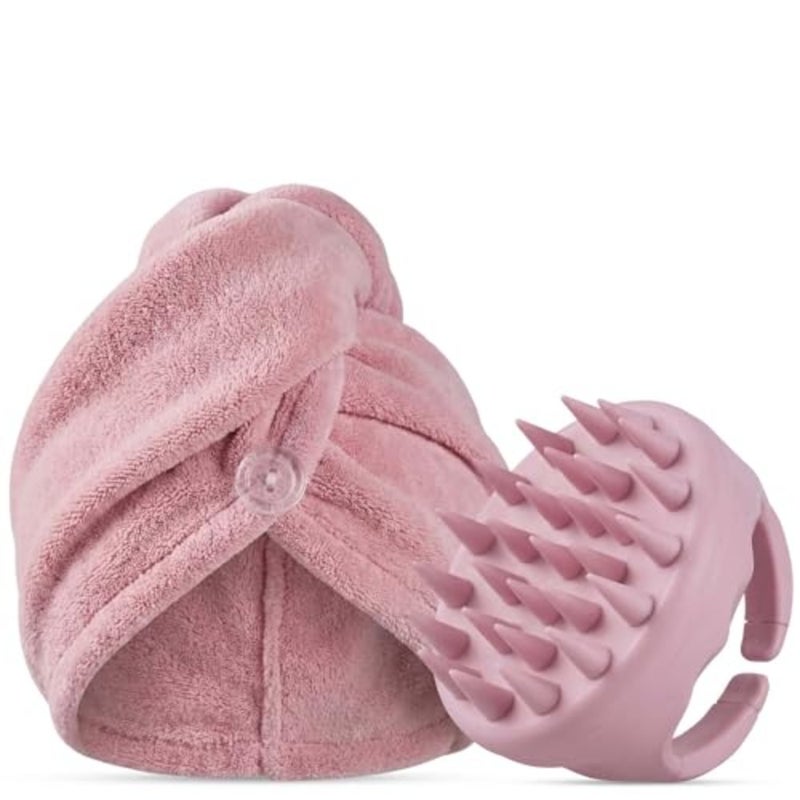 Microfiber Hair Towel Wrap and Silicone Scalp Massager Brush Set - Ultra Absorbent Fast Drying Hair Towel - Anti Frizz Wet Hair Wrap and Soft Silicone Scalp Scrubber for All Hair Types - Pink - Image 1