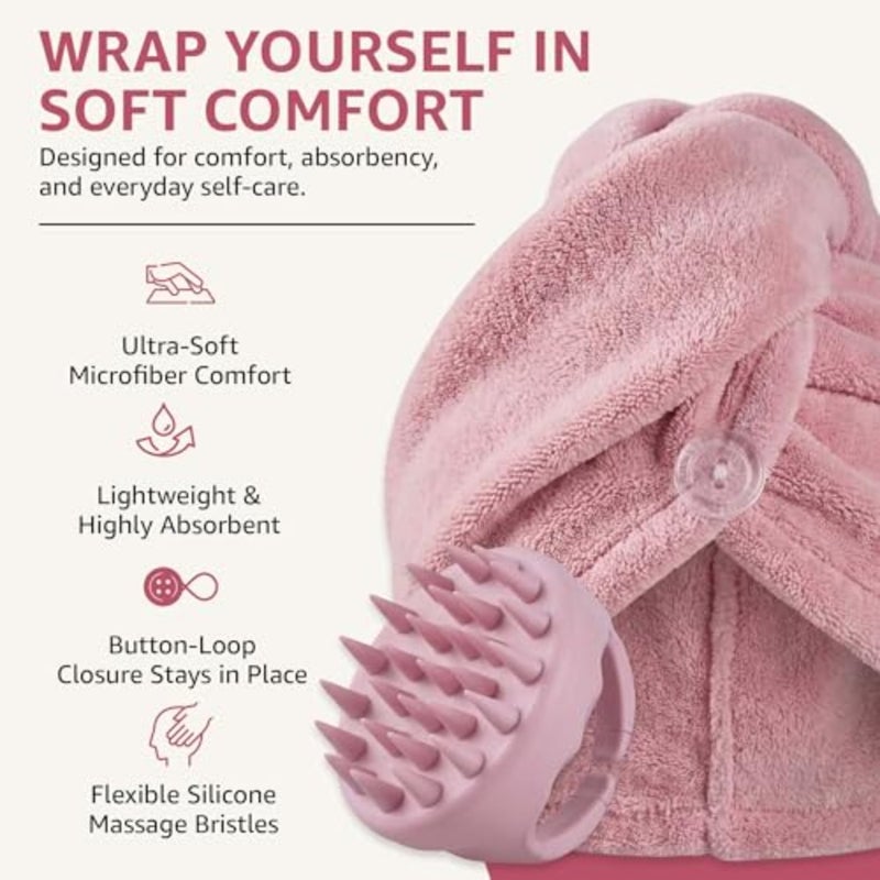 Microfiber Hair Towel Wrap and Silicone Scalp Massager Brush Set - Ultra Absorbent Fast Drying Hair Towel - Anti Frizz Wet Hair Wrap and Soft Silicone Scalp Scrubber for All Hair Types - Pink - Image 2