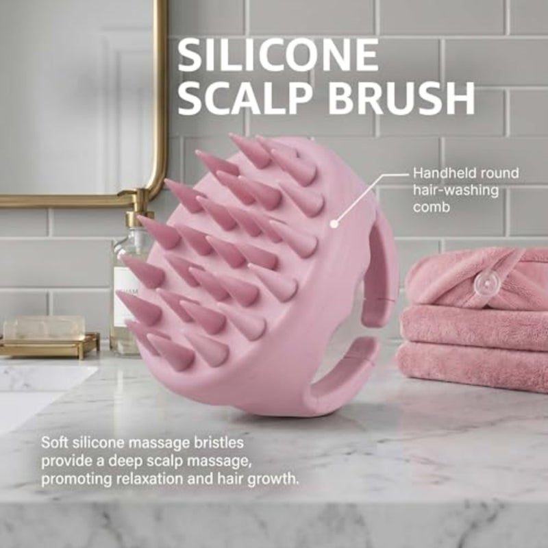Microfiber Hair Towel Wrap and Silicone Scalp Massager Brush Set - Ultra Absorbent Fast Drying Hair Towel - Anti Frizz Wet Hair Wrap and Soft Silicone Scalp Scrubber for All Hair Types - Pink - Image 4