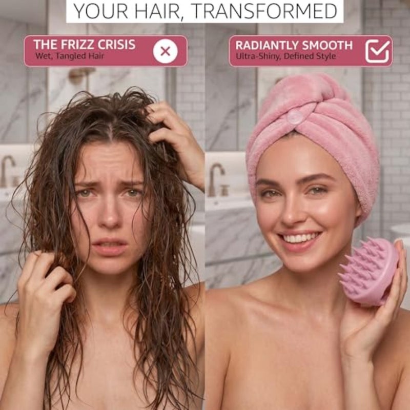 Microfiber Hair Towel Wrap and Silicone Scalp Massager Brush Set - Ultra Absorbent Fast Drying Hair Towel - Anti Frizz Wet Hair Wrap and Soft Silicone Scalp Scrubber for All Hair Types - Pink - Image 3