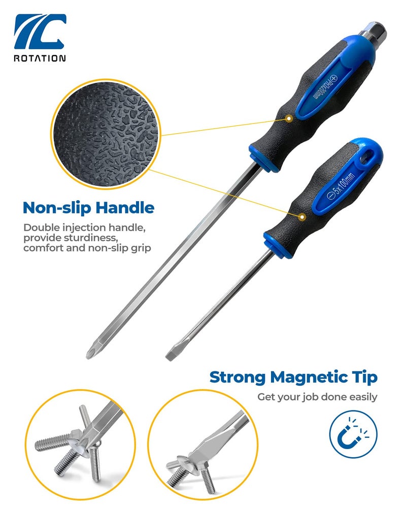 ROTATION Magnetic Screwdriver Set 12 PCS with Nichrome tips, 6 Phillips and 6 Flat Head Screwdrivers, half with Go-Thru Steel Blades, High Torque for Fastening and Loosening (Silver Tip_Gloss Blade) - Image 3