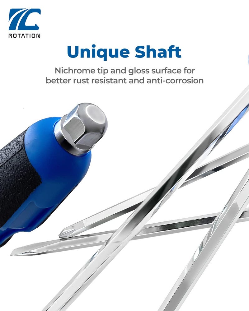 ROTATION Magnetic Screwdriver Set 12 PCS with Nichrome tips, 6 Phillips and 6 Flat Head Screwdrivers, half with Go-Thru Steel Blades, High Torque for Fastening and Loosening (Silver Tip_Gloss Blade) - Image 2