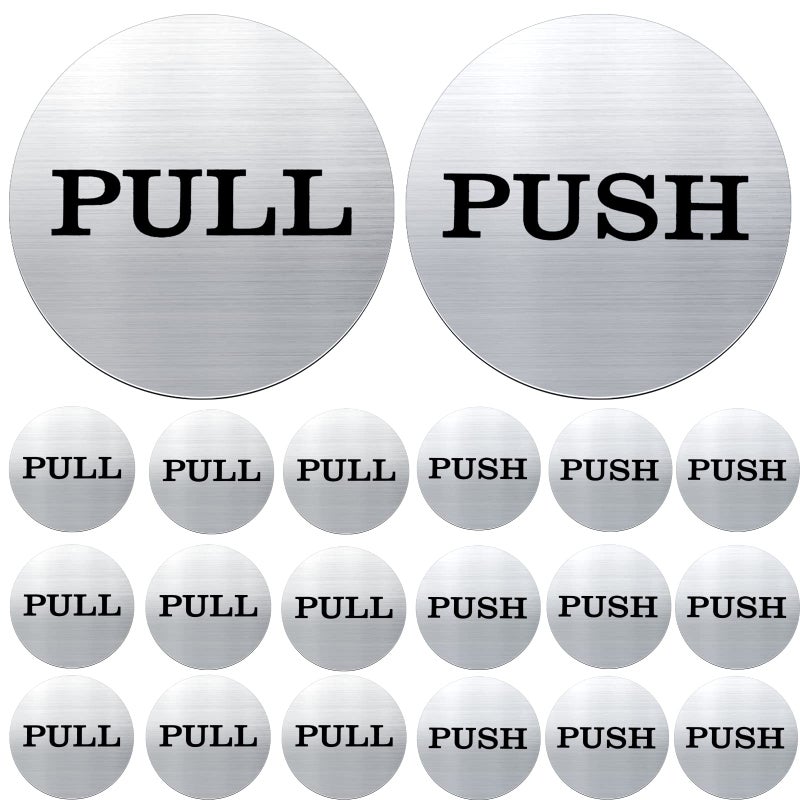 Sieral 20 Pieces 10 Pairs 2 Round Push Pull Door Signs Safety Stickers Bulk 304 Stainless Steel Push Pull Labels for Office Home Store Glass Door Window - Image 2