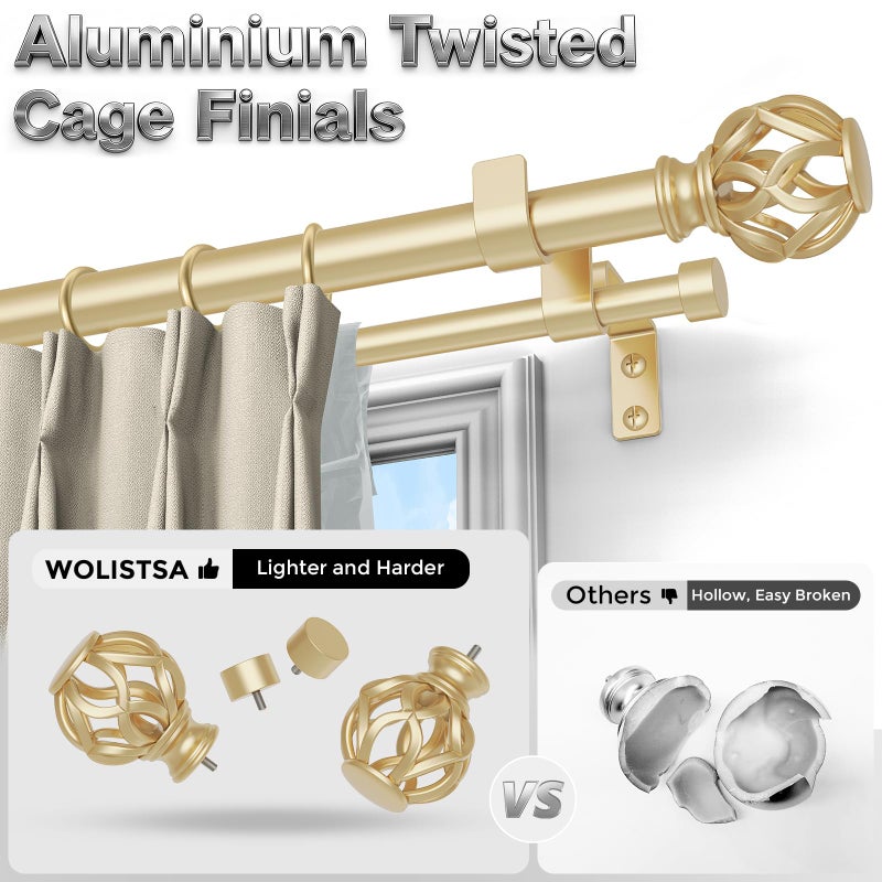 Wolistsa Double Curtain Rod 84 to 120 Inch, Gold Long Dual Curtain Rods with Decorative Aluminium Twisted Cage Finial, 1 Inch Adjustable Heavy Duty Telescopic Spliced Window Treatment Rods, All Metal - Image 2