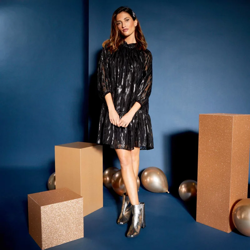 Kiabi Short Iridescent Dress With Puff Sleeves Black
