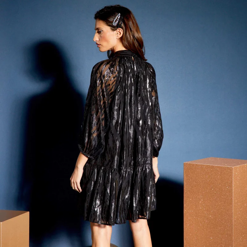 Kiabi Short Iridescent Dress With Puff Sleeves Black