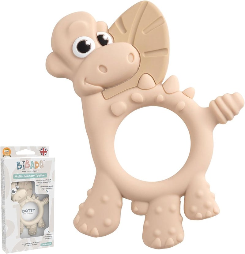 bibado Teething Toy : Dotty the Dinosaur™ Multi-Sensory Teether designed to strengthen and develop mouth muscles suitable for 3 Months and Above - Fawn - Image 1