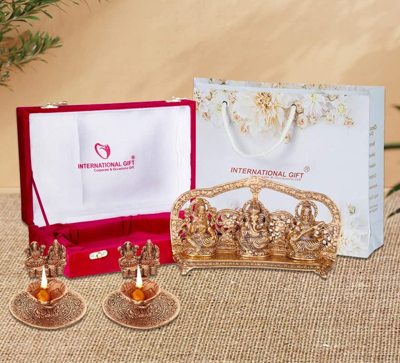 INTERNATIONAL GIFT هدية دولية تمثال لآلهة لاكشمي غانيش ساراتسواتي مطلي بالنحاس مع لمسة مؤكسدة مع 2 قطعة من مصابيح لاكشمي غانيش مع علبة مخملية جميلة وحقيبة حمل 14 سم ارتفاع × 25 سم عرض × 5 سم طول - Image 4