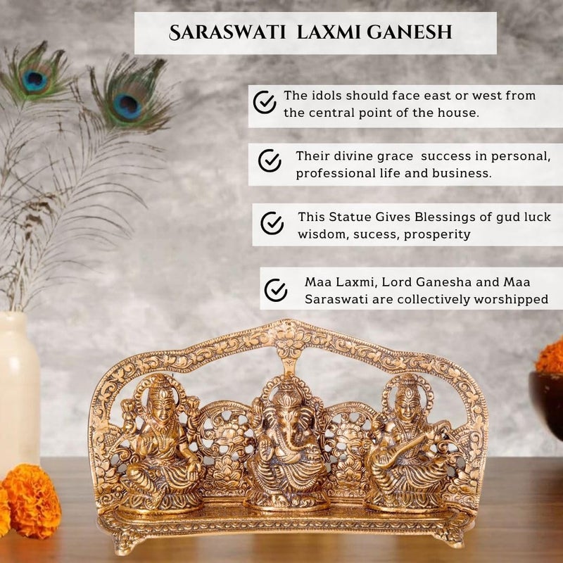 INTERNATIONAL GIFT هدية دولية تمثال لآلهة لاكشمي غانيش ساراتسواتي مطلي بالنحاس مع لمسة مؤكسدة مع 2 قطعة من مصابيح لاكشمي غانيش مع علبة مخملية جميلة وحقيبة حمل 14 سم ارتفاع × 25 سم عرض × 5 سم طول - Image 2