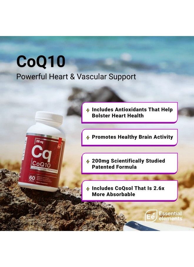 Essential Elements - Coq10 Heart Brain And Vascular Support; 200 Mg Comprehensive Patented Formula 2.6 Times Higher Absorption 60 Softgels 2 Month Supply - Image 1