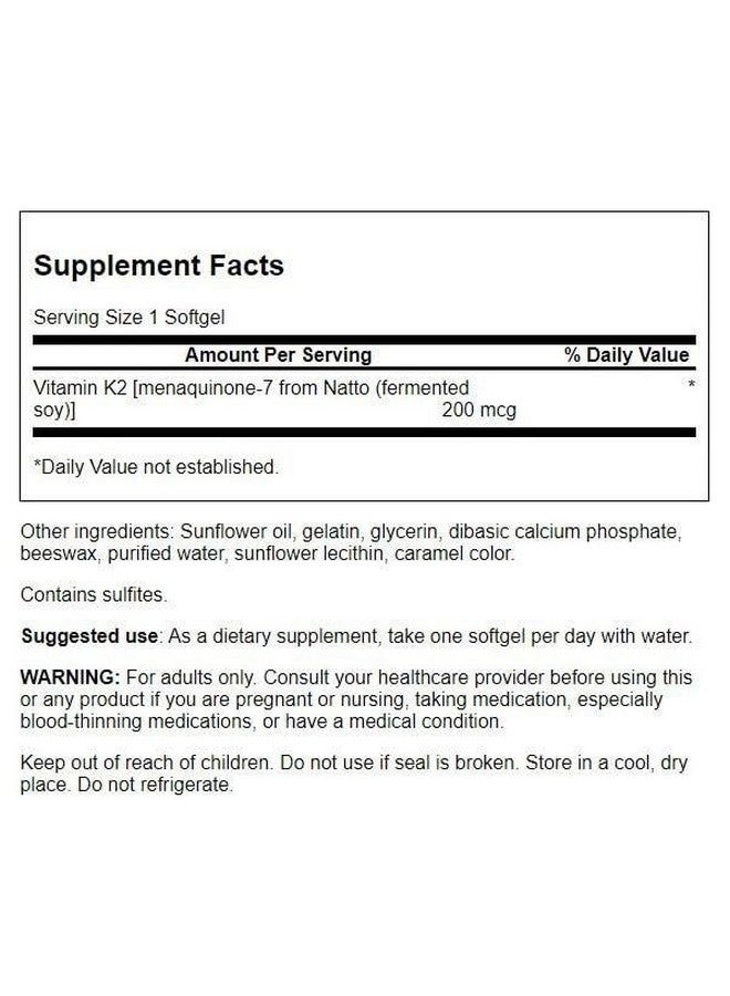 Swanson Maximum Strength Vitamin K2 (Menaquinone-7)-Vitamin Supplement Supporting Cardiovascular and Bone Health-Made from Japanese Natto to Help Regulate Calcium (30 Softgels, 200mcg Each) - Image 2