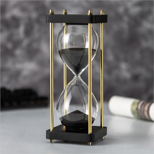 ELAINESTORE Hourglass Timer 60 Minute with Golden Pillars, Black Wooden Base Decorative Sand Timer (Black Sand, Large Size) - Image 1