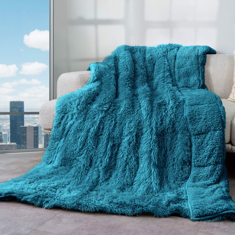Cottonblue Weighted Blanket 15lbs Faux Fur Sherpa Reversible Luxury Snugly Long Fur Heavy Blanket 48x72 inchesWarm Elegant Plush Sherpa Microfiber Blanket for Couch Bed Chair Photo PropTeal Green