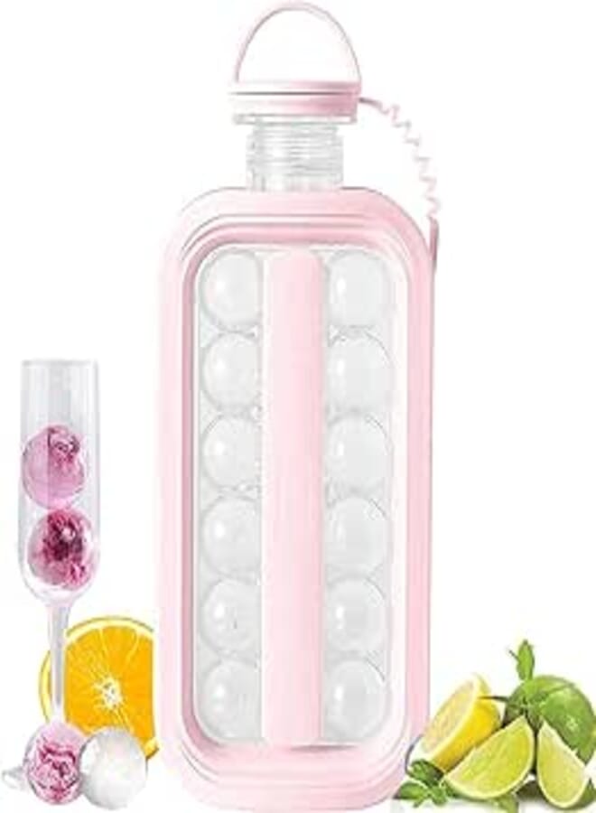 Ice Cube Molds Ice Cube Trays 2 in 1 Portable Ice Ball Maker Kettle Folding Bottle Easy to Make 17 Grids Flat Body Ice Ball for Home Party Orange Juice Water (Pink)