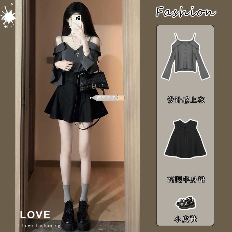suit Womens 2024 Summer New French Off-shoulder Off-shoulder Long-sleeved Slim-fit Top High Waist Slimming Trendy Skirt Design sense top single piece